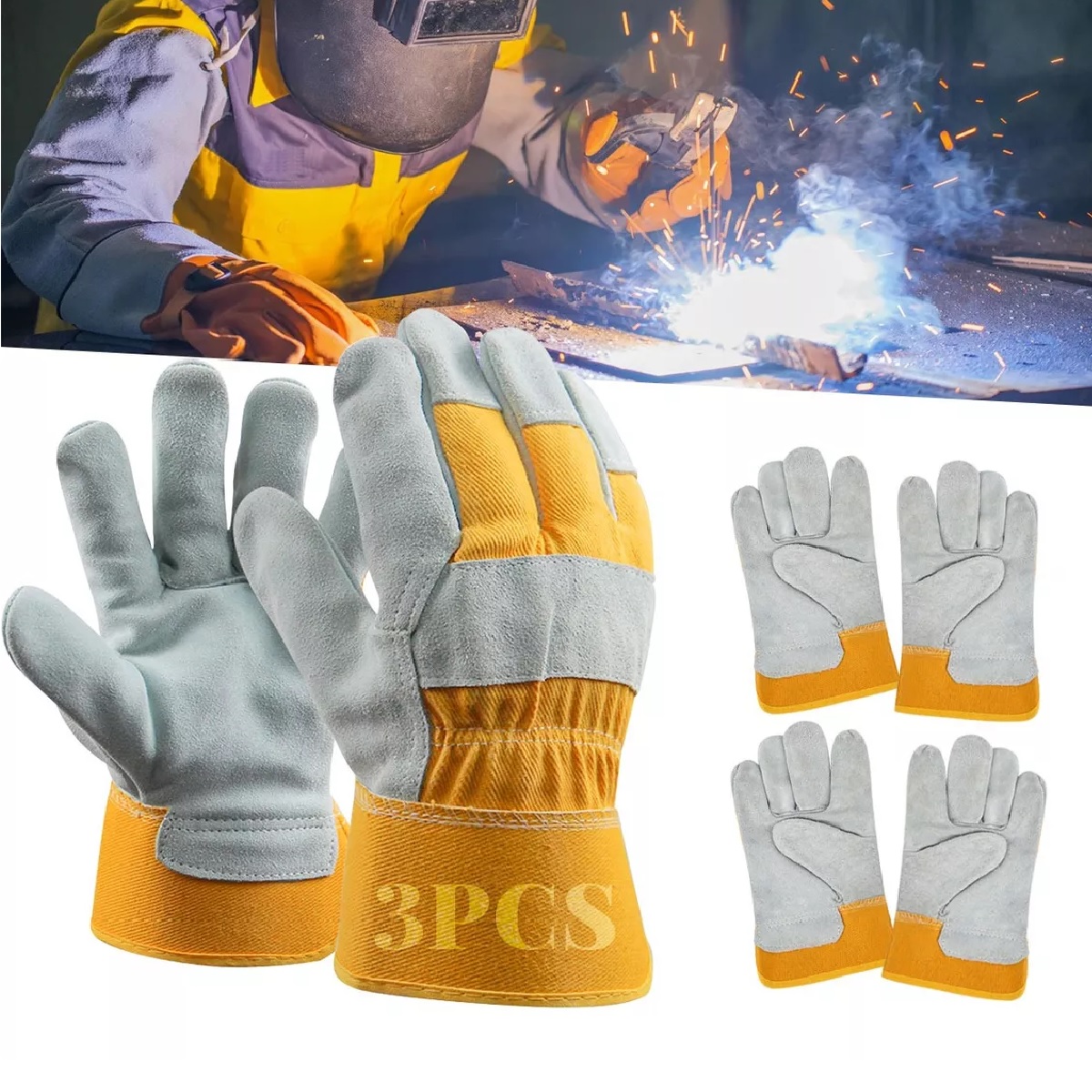 3 Pares Guantes De Soldadura Tela-carnaza Doble/ Uso Rudo