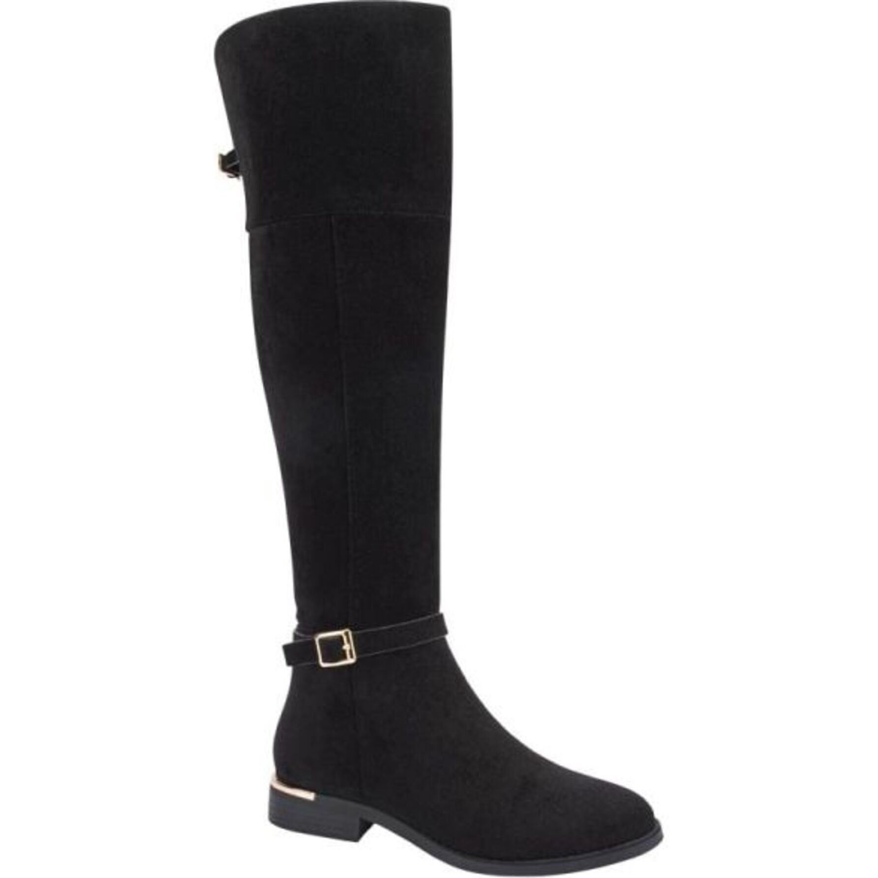 Bota para mujer, extra larga, con hebilla metálica, acabado ante y tacón bajo, marca Tierra Bendita, color negro 1141885