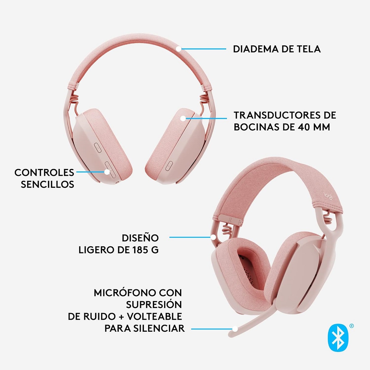 Diadema Logitech ZONE VIBE 100 Gamer Headset Bluetooth Y USB Rosa 981-001223