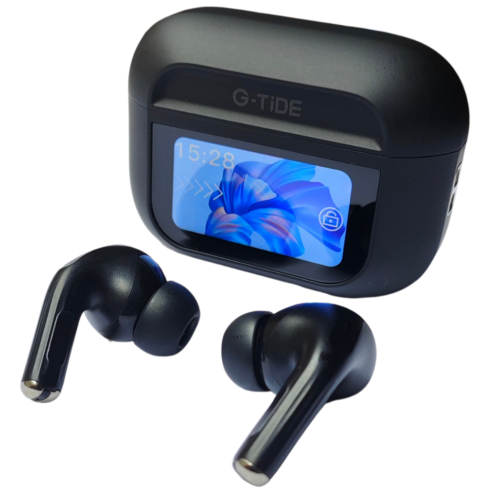 Audífonos con Pantalla Táctil. G-TIDE Future Pod, Bluetooth, Cancelación de ruido, encontrar audífonos.