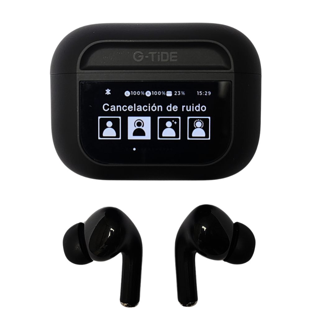 Audífonos con Pantalla Táctil. G-TIDE Future Pod, Bluetooth, Cancelación de ruido, encontrar audífonos.