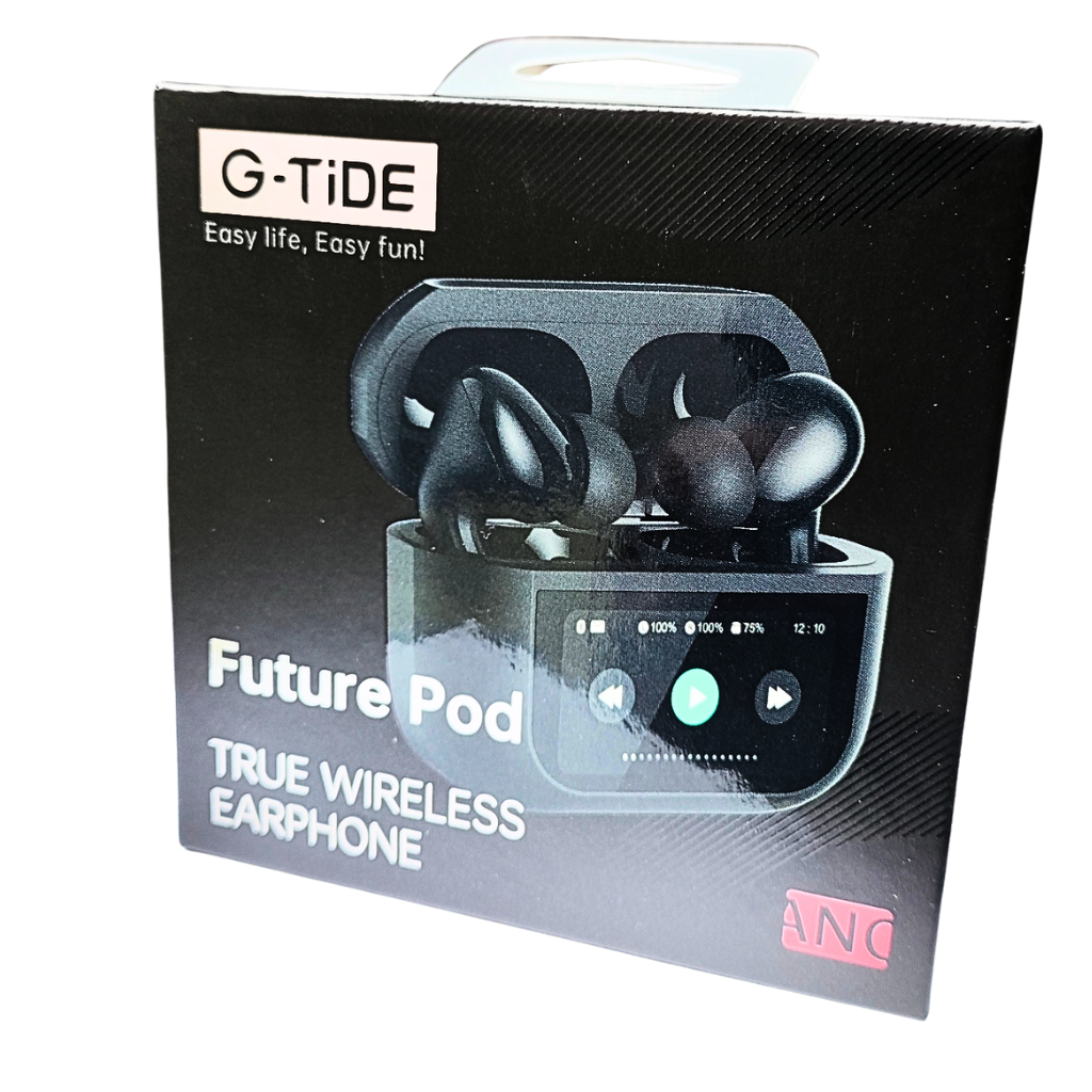 Audífonos con Pantalla Táctil. G-TIDE Future Pod, Bluetooth, Cancelación de ruido, encontrar audífonos.