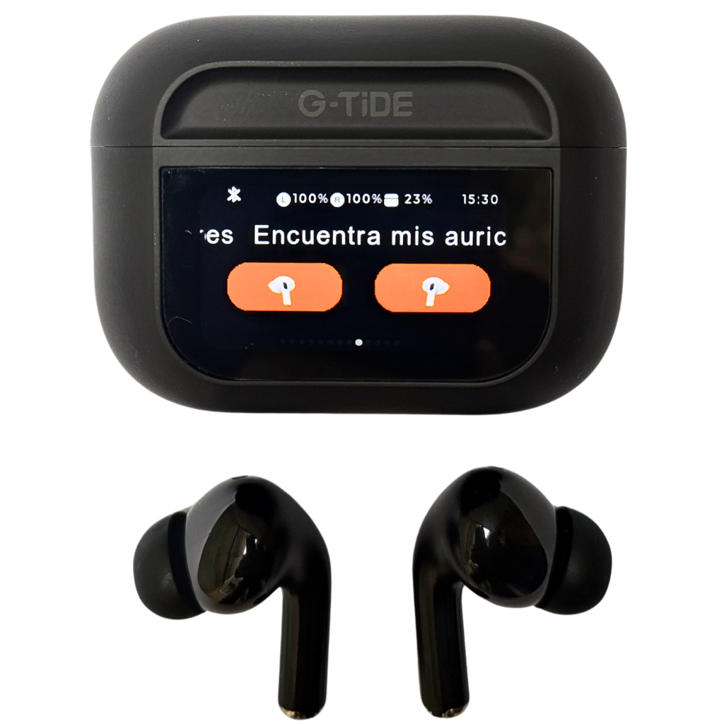 Audífonos con Pantalla Táctil. G-TIDE Future Pod, Bluetooth, Cancelación de ruido, encontrar audífonos.