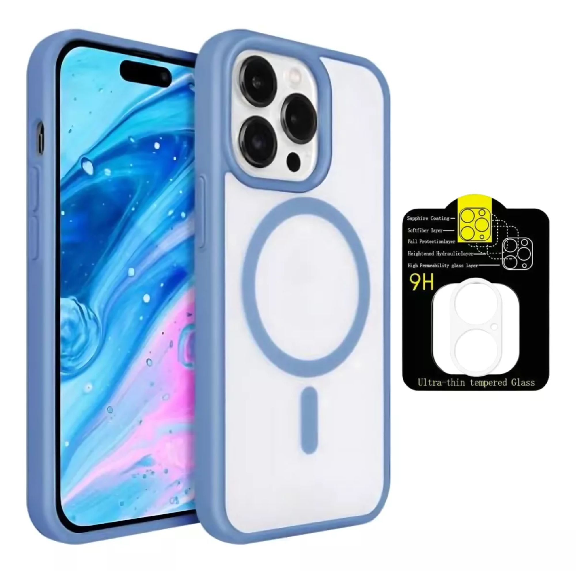 Kit Mica Cámara Para Iphone 16 + Funda Case Transparente para Iphone 16 pro max / Azul sierra
