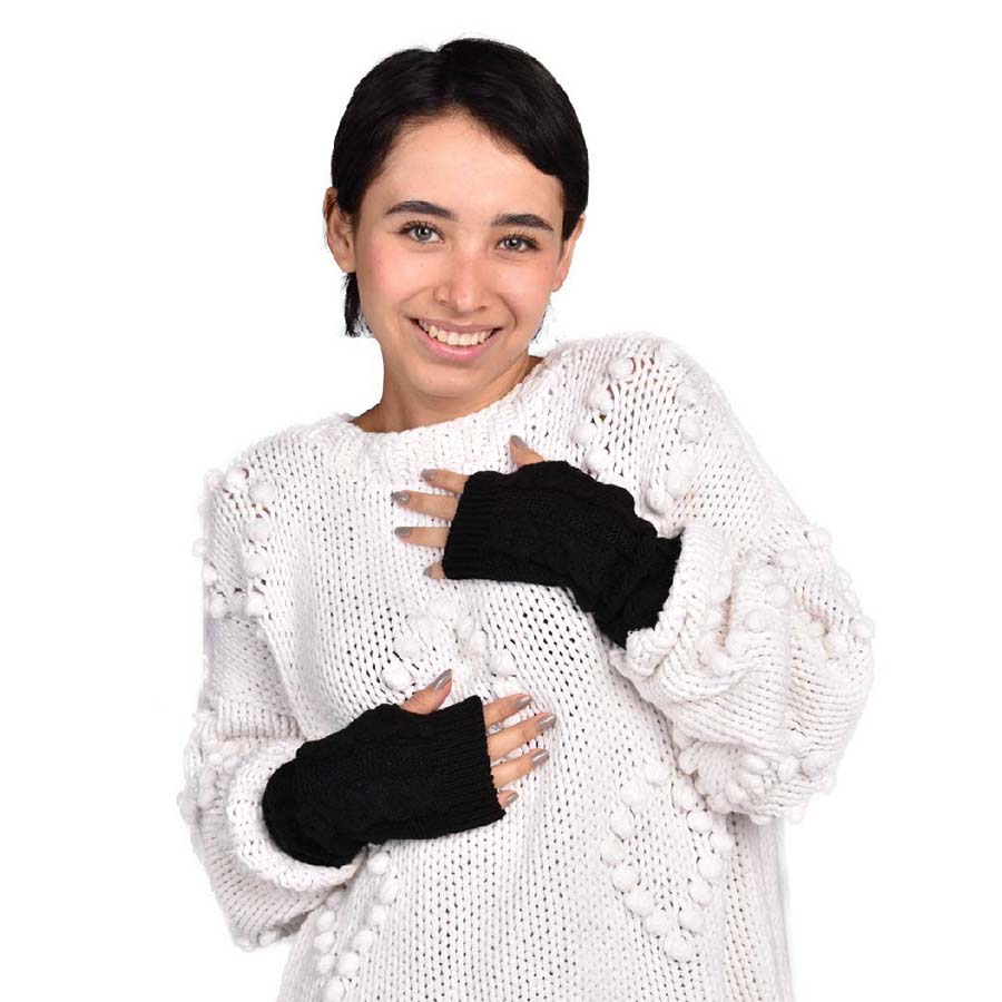 Guantes Tejidos Sin Dedos Mujer Diseño de Mitón Largo Negro 