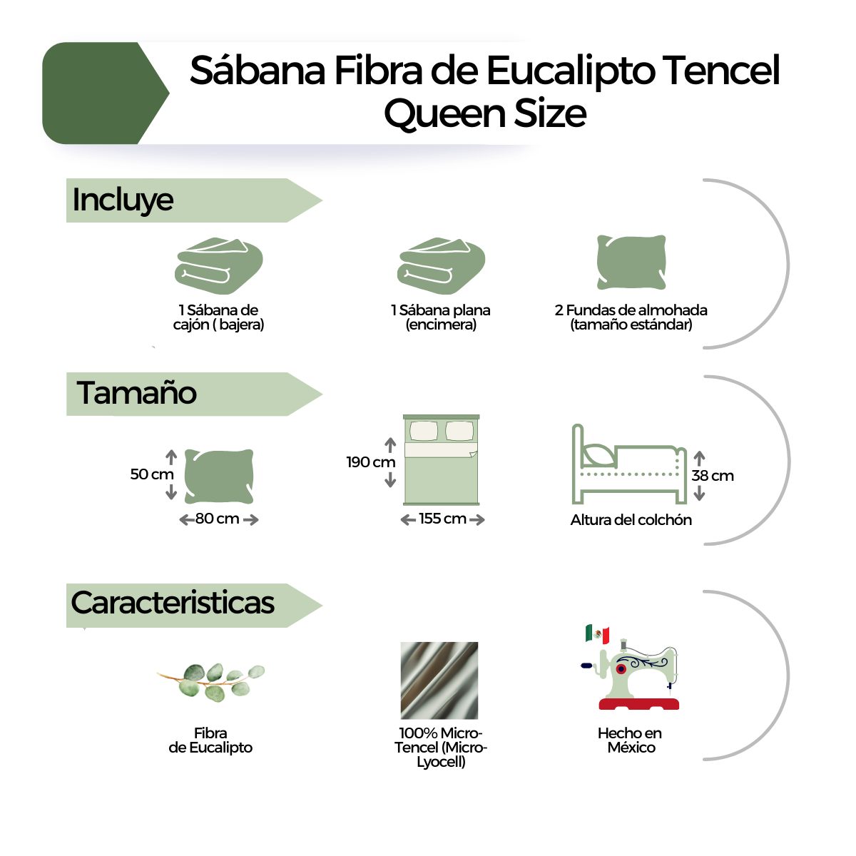 Juego de Sábanas Tencel - Fibra de Eucalipto Ultra-fresco y Ultra-suave - Tamaño Queen - Color Verde Místico
