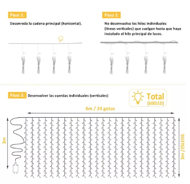 6x3  Cortina Luces 600leds Decoración Navideña Blanco Cálido