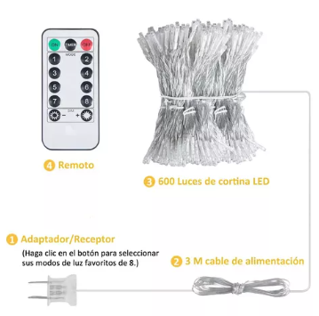 6x3  Cortina Luces 600leds Decoración Navideña Blanco Cálido