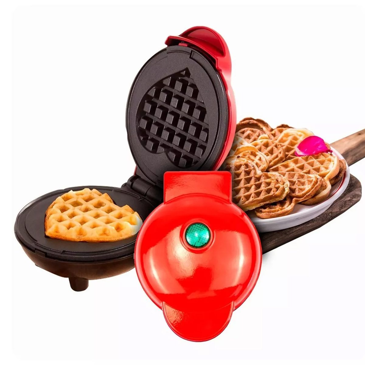 Mini Wafflera Eléctrica En Forma De Corazón Antiadherente Color Rojo