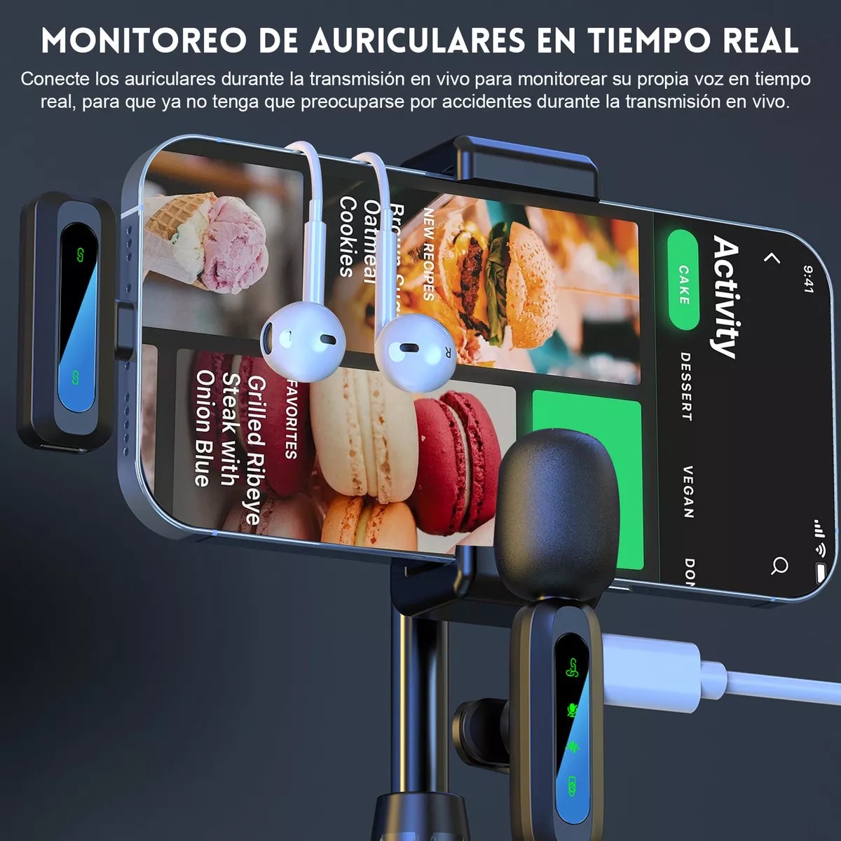 Micrófono De Solapa Inalámbrico Lavalier 2 En 1 Con Pantalla Y Bolsa,