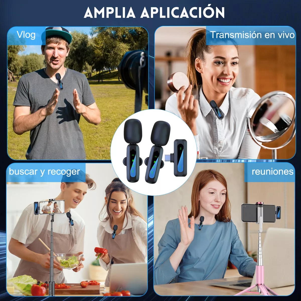 Micrófono De Solapa Inalámbrico Lavalier 2 En 1 Con Pantalla Y Bolsa,