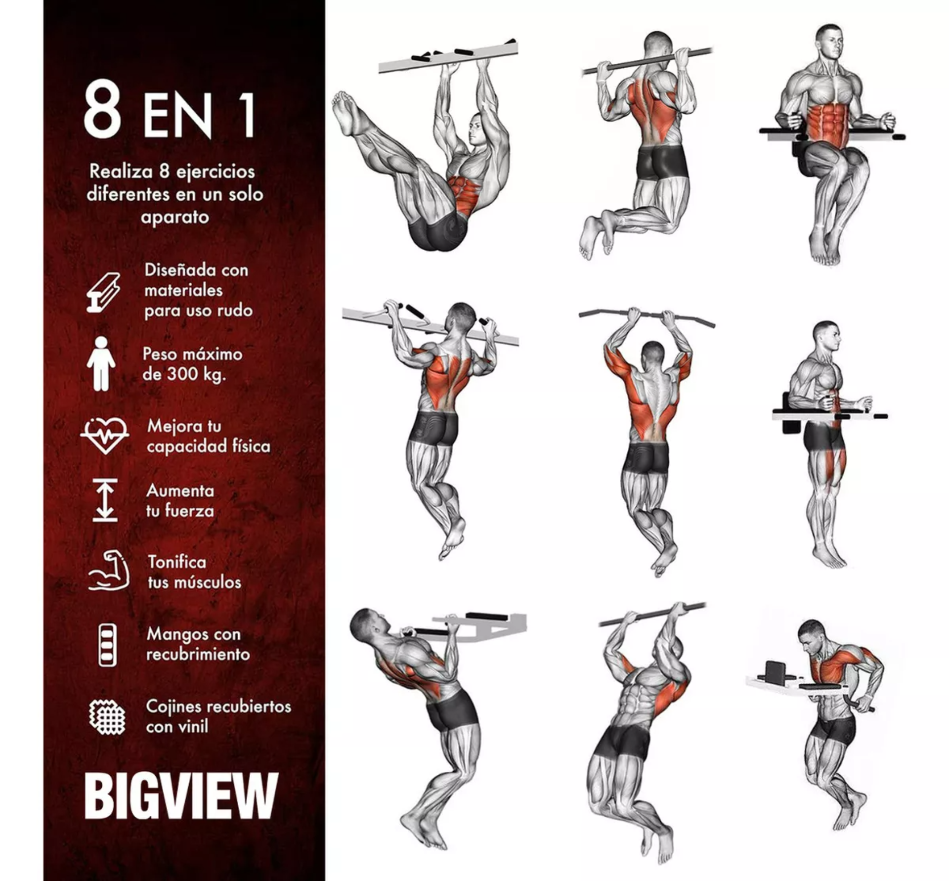 Bigview Barra Multifuncional 8 En 1 Para Dominadas, Calistenia Y Ejercicios De Gym