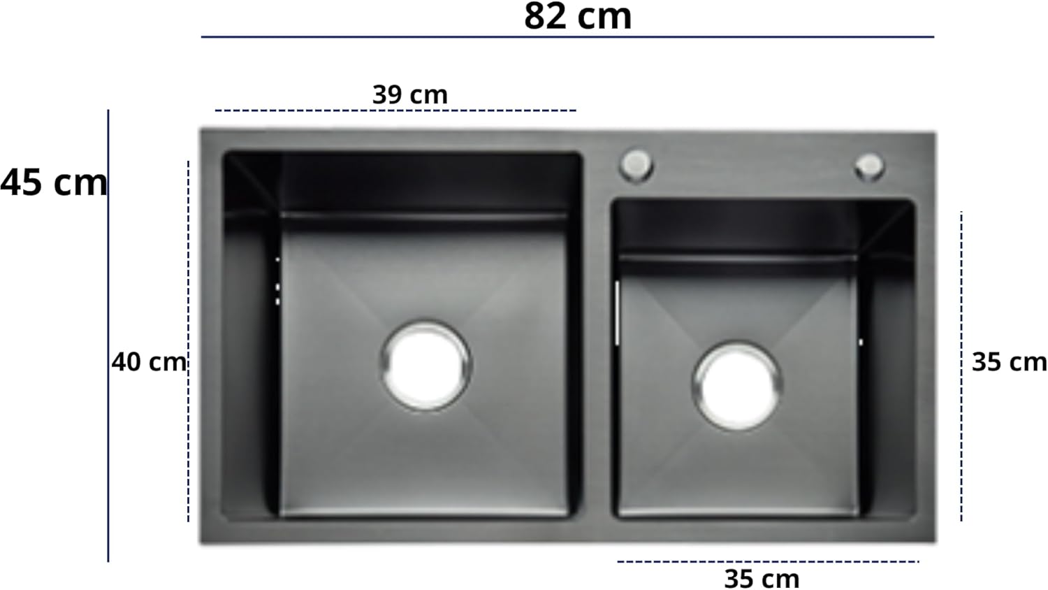 Tarjas Dobles en Acero Inoxidable en Color Negro Mate, Incluye todo lo necesario para Instalación, (82 cm x 45 cm x 22 cm), Para Empotrar, Tarja de dos tinas