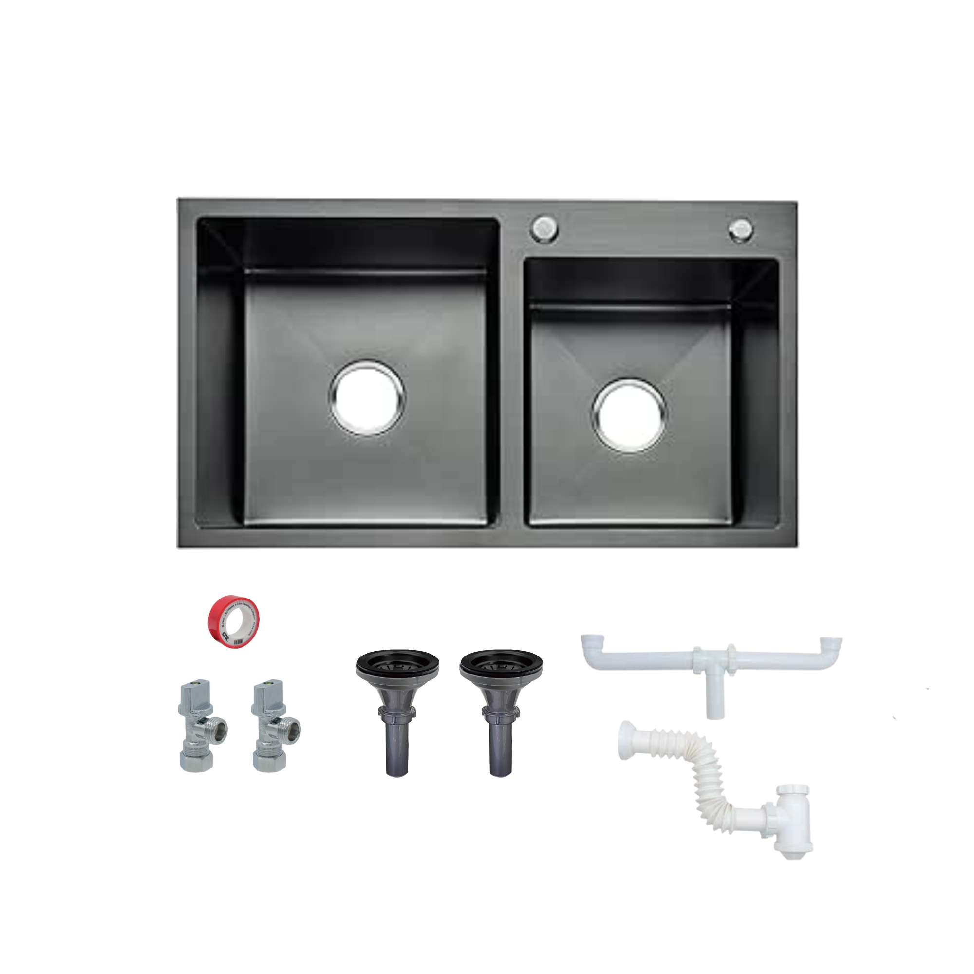 Tarjas Dobles en Acero Inoxidable en Color Negro Mate, Incluye todo lo necesario para Instalación, (82 cm x 45 cm x 22 cm), Para Empotrar, Tarja de dos tinas