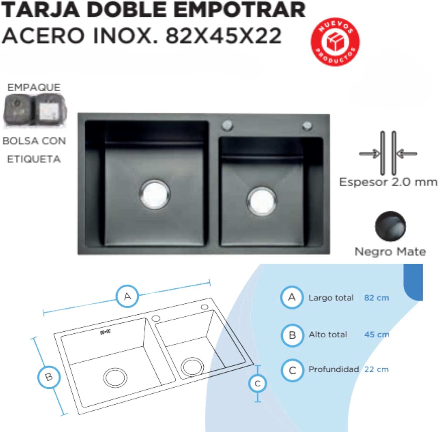 Tarjas Dobles en Acero Inoxidable en Color Negro Mate, Incluye todo lo necesario para Instalación, (82 cm x 45 cm x 22 cm), Para Empotrar, Tarja de dos tinas