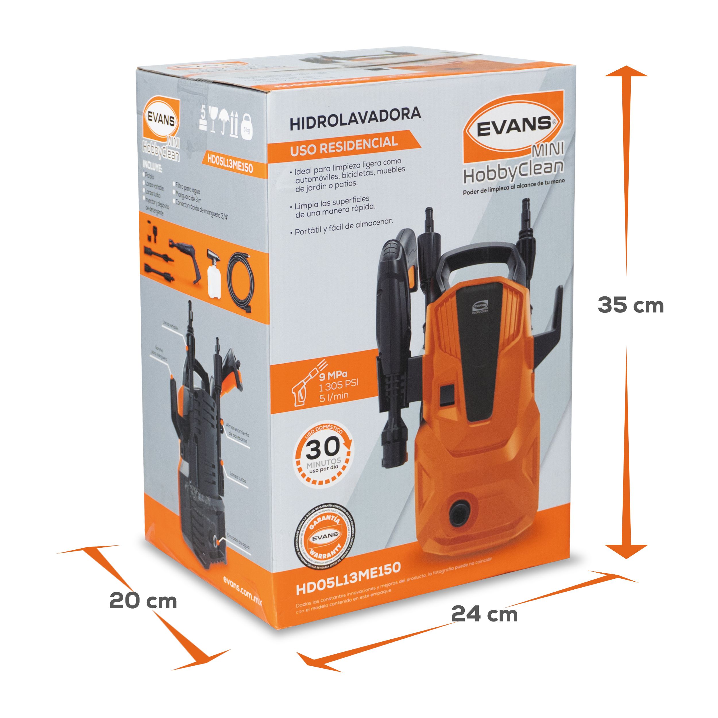 Hidrolavadora Eléctrica Mini Hobby Clean 1.5 Hp 120V 1F Bomba Axial 5 L/Min 1305 Psi