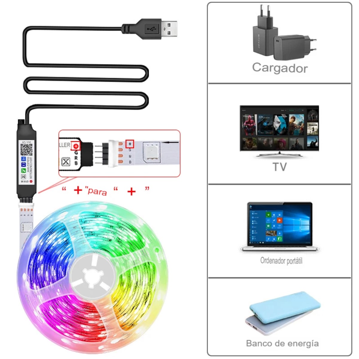 Tira Luces Led 5M habitación RGB cambia de Color cinta fiesta casa música control app USB tv