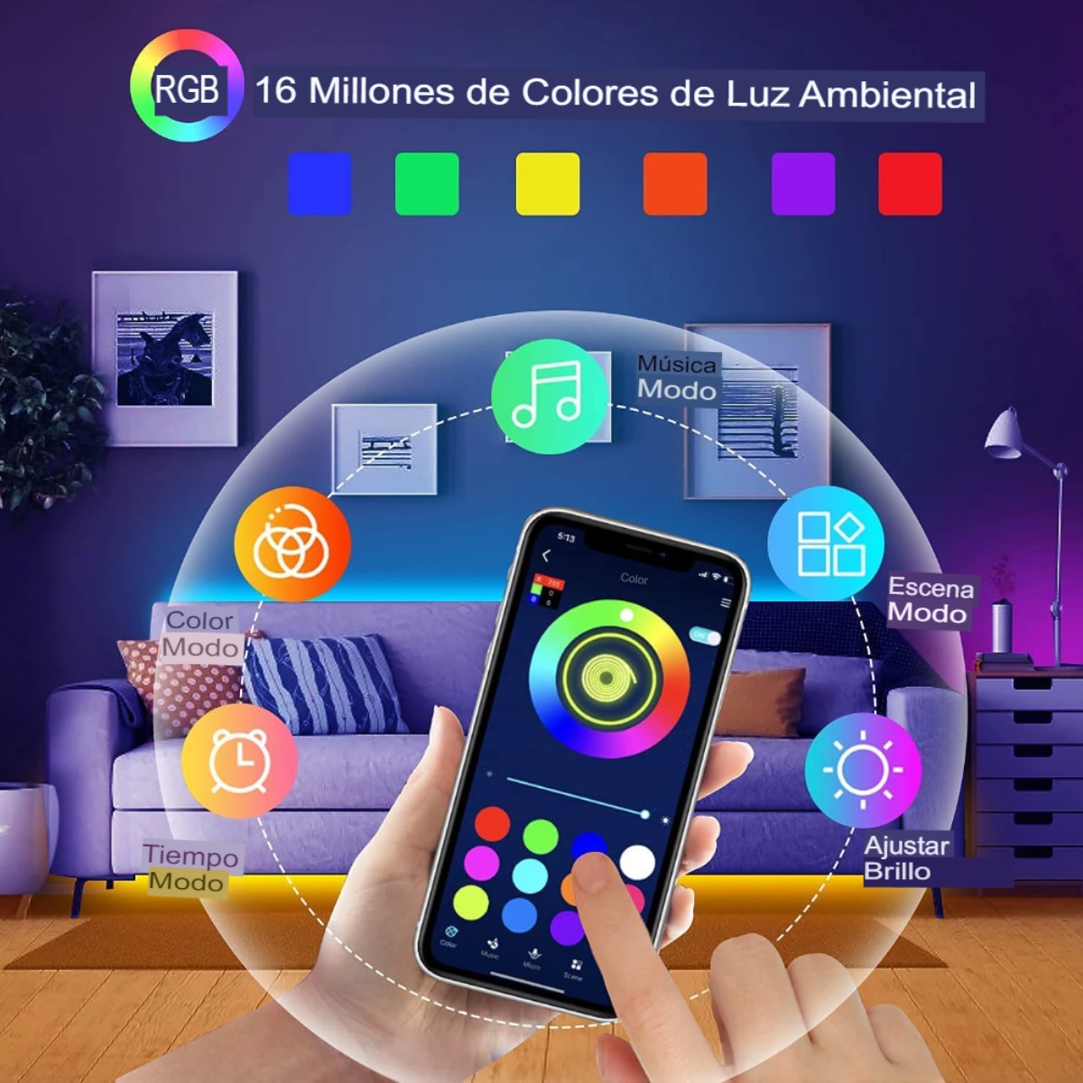 Tira Luces Led 5M habitación RGB cambia de Color cinta fiesta casa música control app USB tv