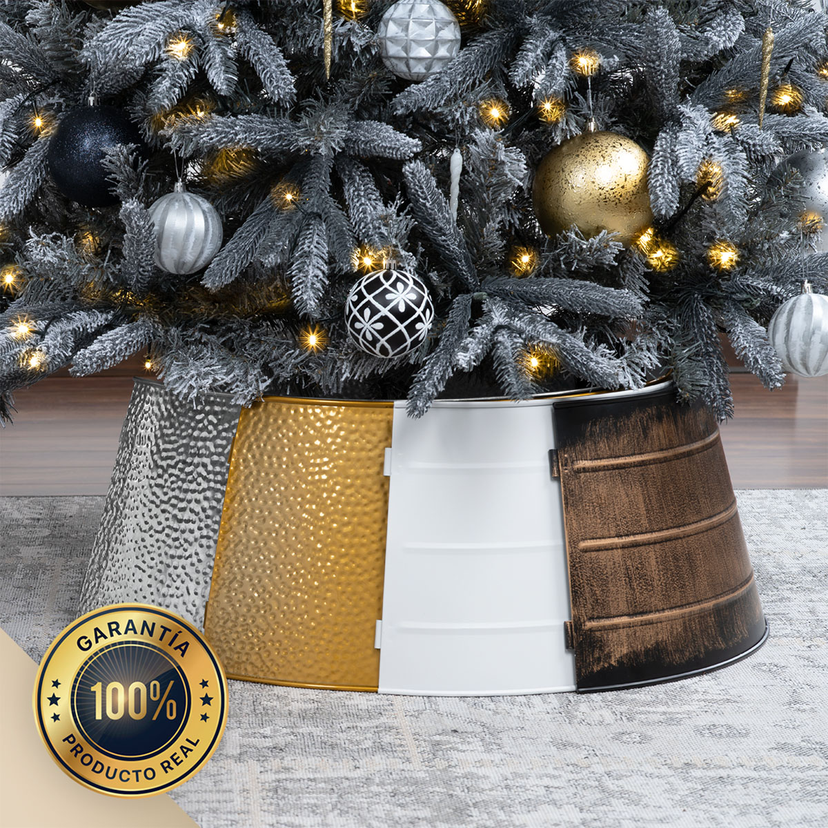 Pie de Árbol de Navidad Collar Metálico Falda para Pino Navideño Anillo de Acero Decoración Plateado ESQUIMAL