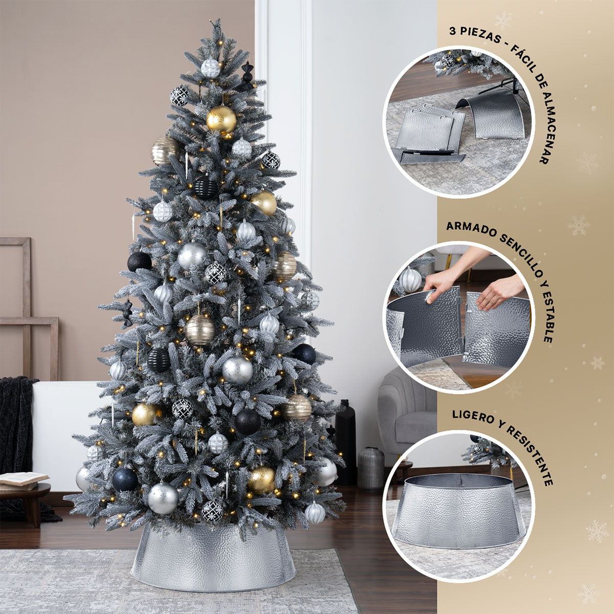 Pie de Árbol de Navidad Collar Metálico Falda para Pino Navideño Anillo de Acero Decoración Plateado ESQUIMAL