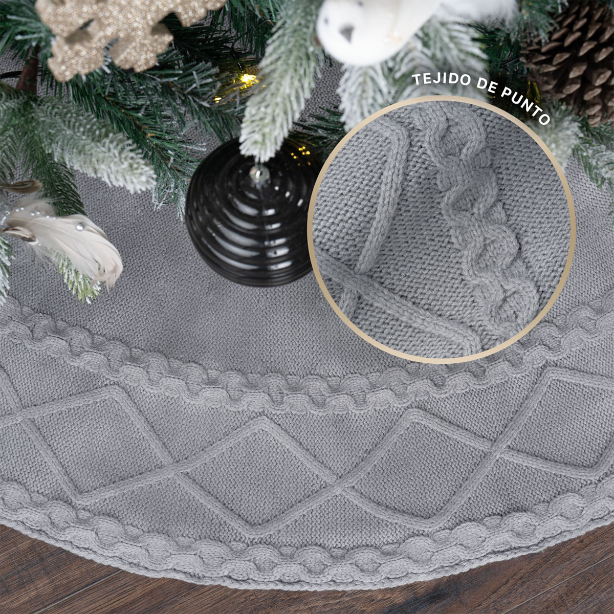 Pie de Árbol de Navidad Tejido Tapete para Pino Navideño Falda para Decoración Navideña Gris ESQUIMAL