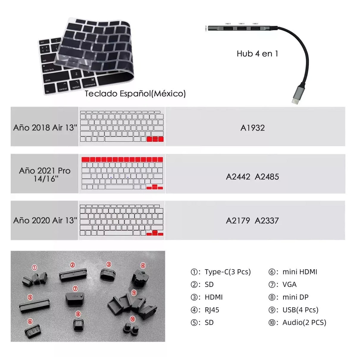 Funda Protectora Para Macbook  Air/Pro2021-2024 Cubre Teclado+usb Hub