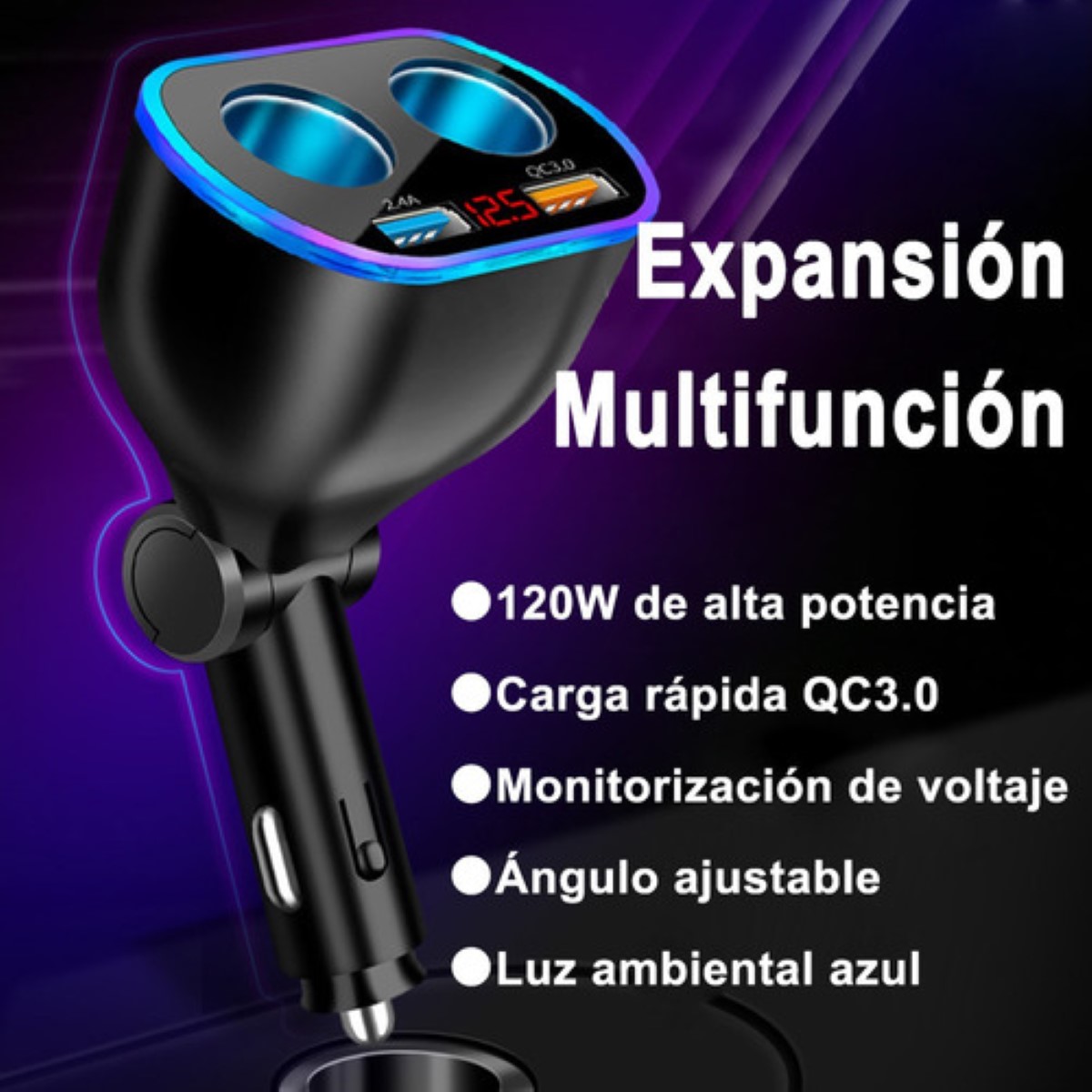Cargador Y Encendedor Auto Cargadores Celulares Rápida 2 Usb negro