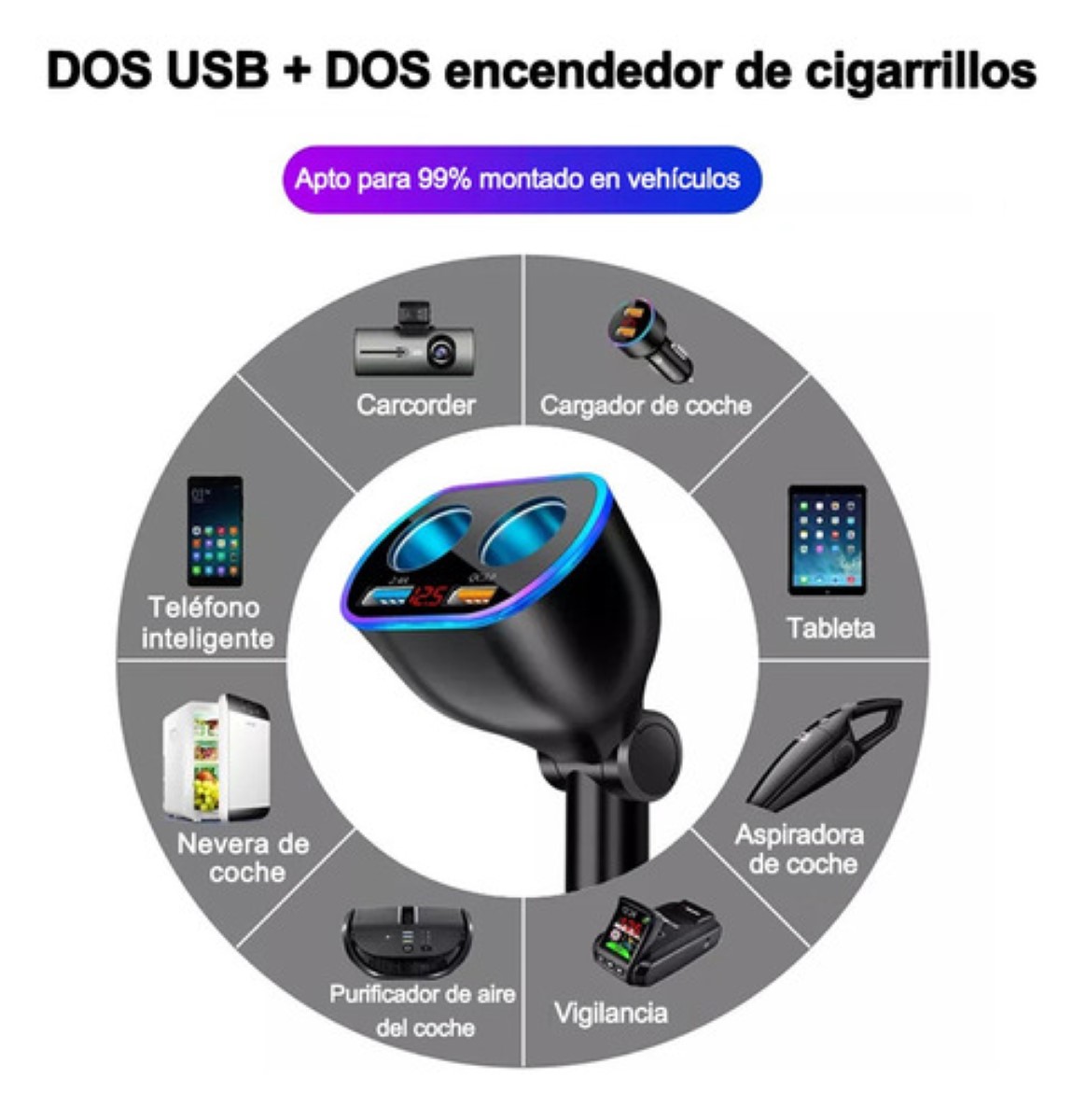 Cargador Y Encendedor Auto Cargadores Celulares Rápida 2 Usb negro