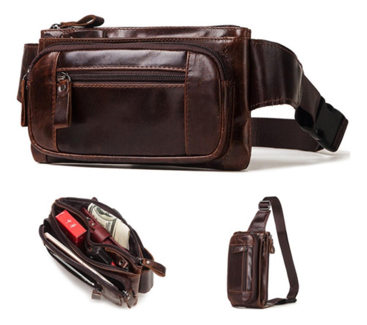 Cangureras Riñonera De Cuero Genuino Para Hombre Marrón - Main Image