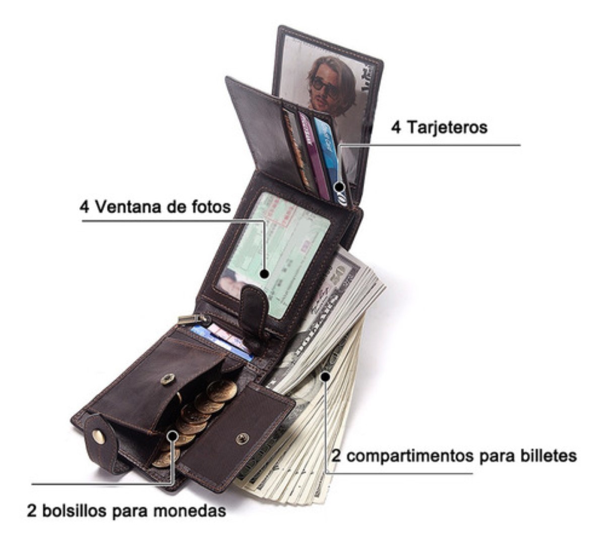 Cartera Para Caballero Carteras Piel Vaca Para Hombre Marrón oscuro