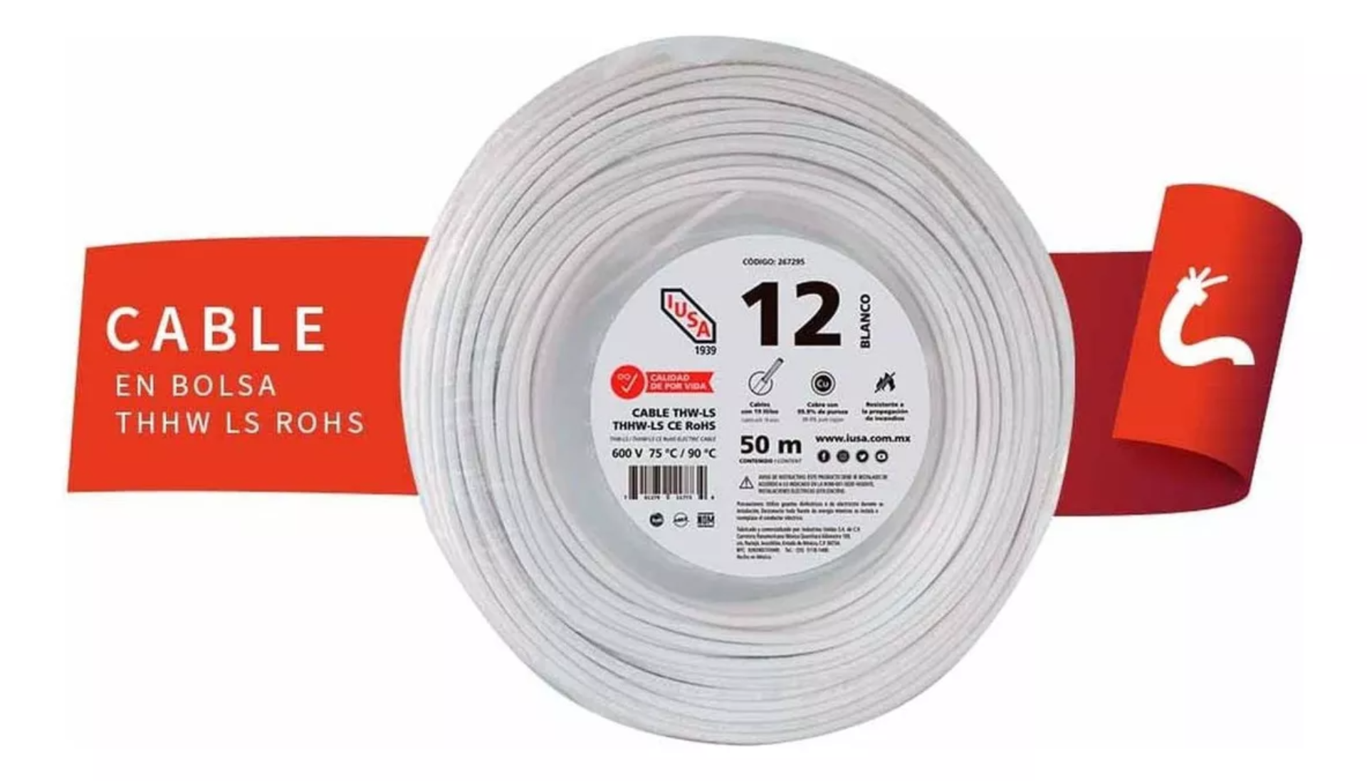 Cable Thhw-ls Rohs Calibre 12 Awg Blanco 50m