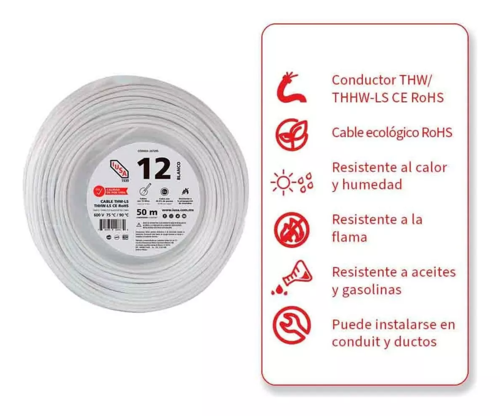 Cable Thhw-ls Rohs Calibre 12 Awg Blanco 50m