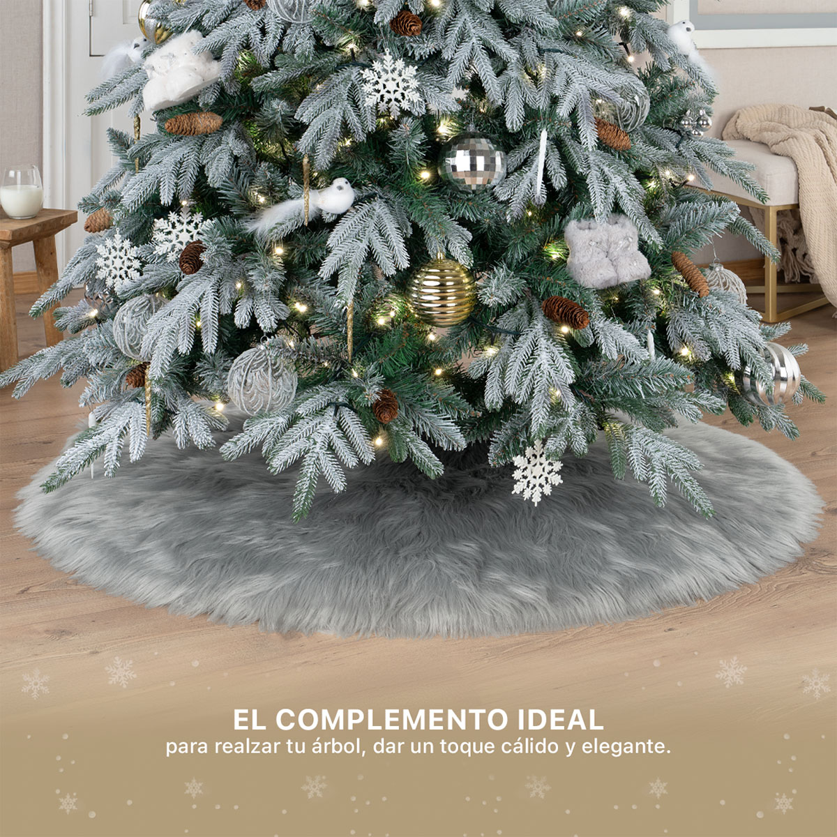 Pie de Árbol de Navidad Afelpado Mediano Tapete para Pino Navideño Falda para Decoración Navideña Gris ESQUIMAL