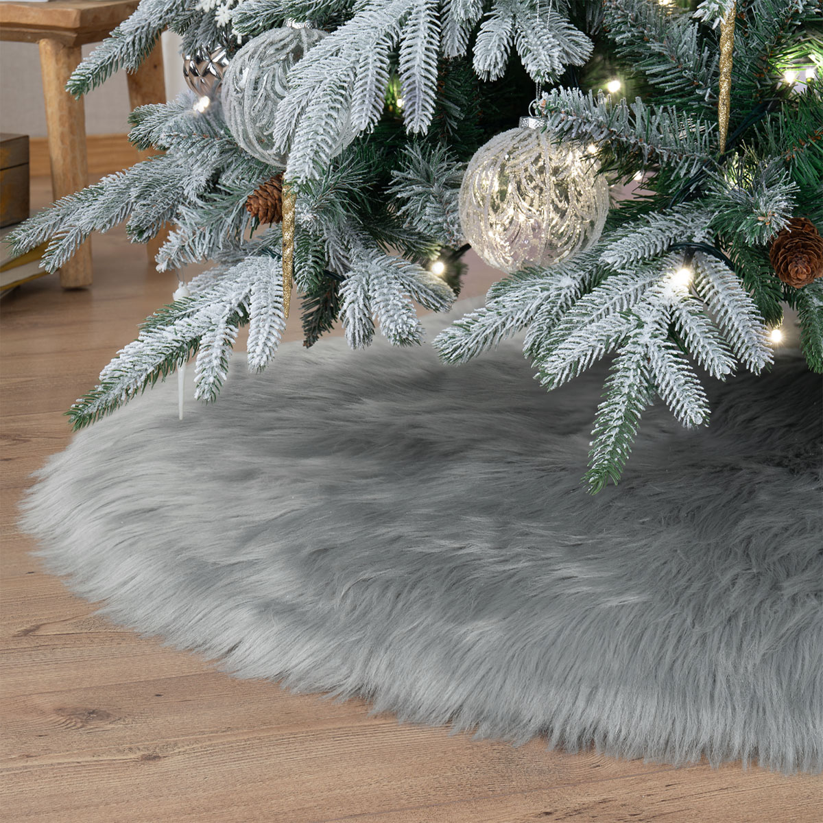 Pie de Árbol de Navidad Afelpado Mediano Tapete para Pino Navideño Falda para Decoración Navideña Gris ESQUIMAL