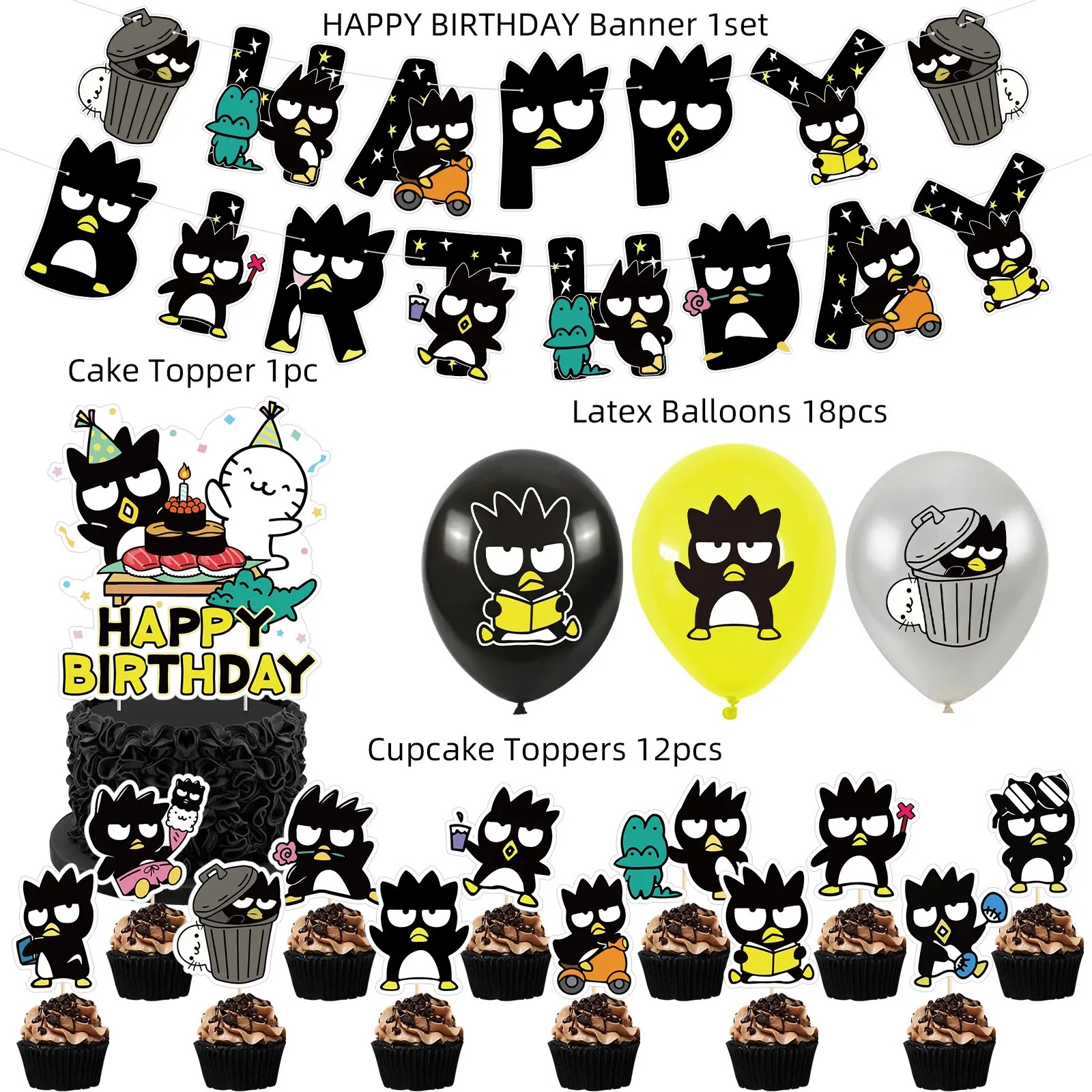Set 18 Globos Caricatura Badtz-Maru Pinguino Fiesta y Decoración