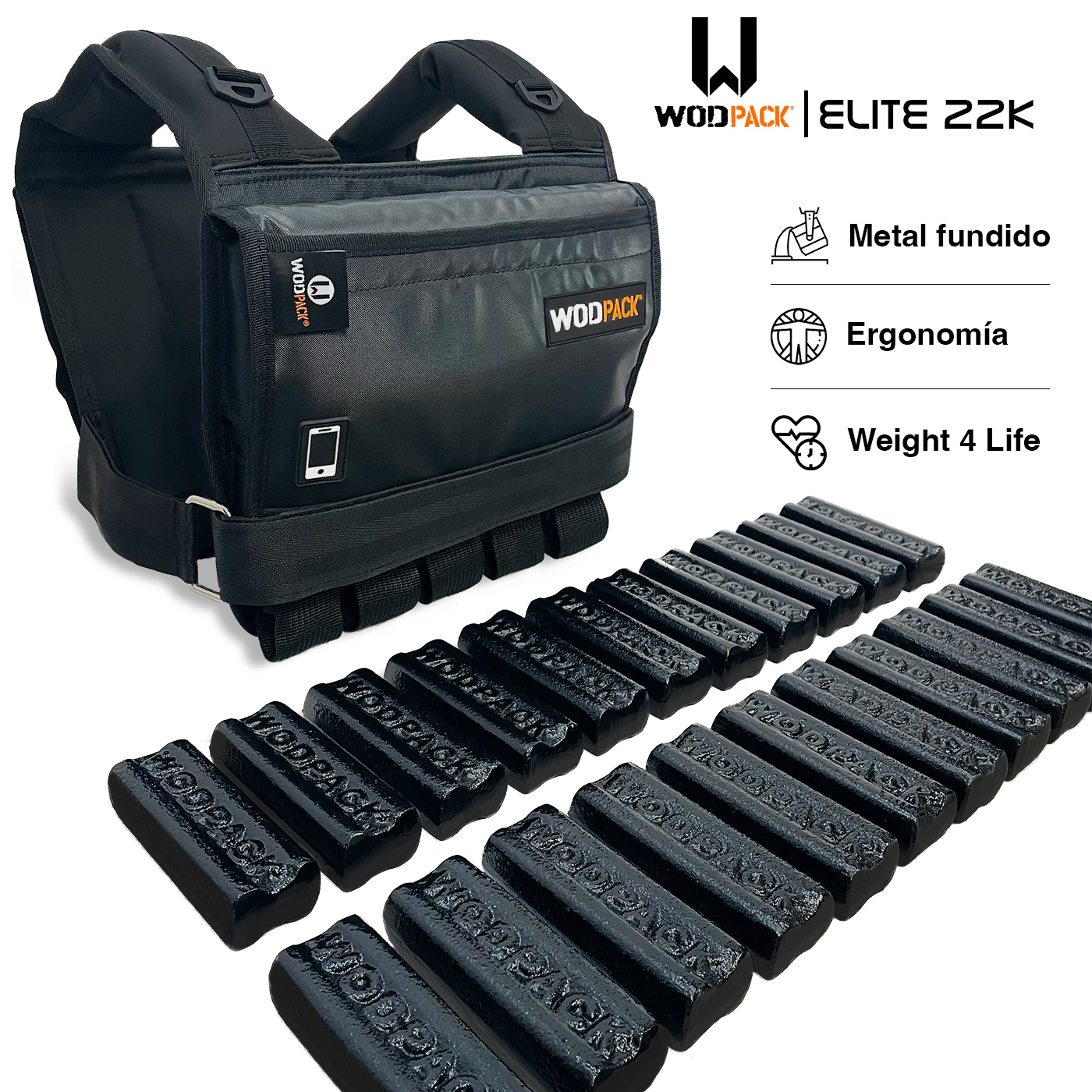 Chaleco de peso Elite 22 K Black WODPACK, Running, Rucking, Crossfit.