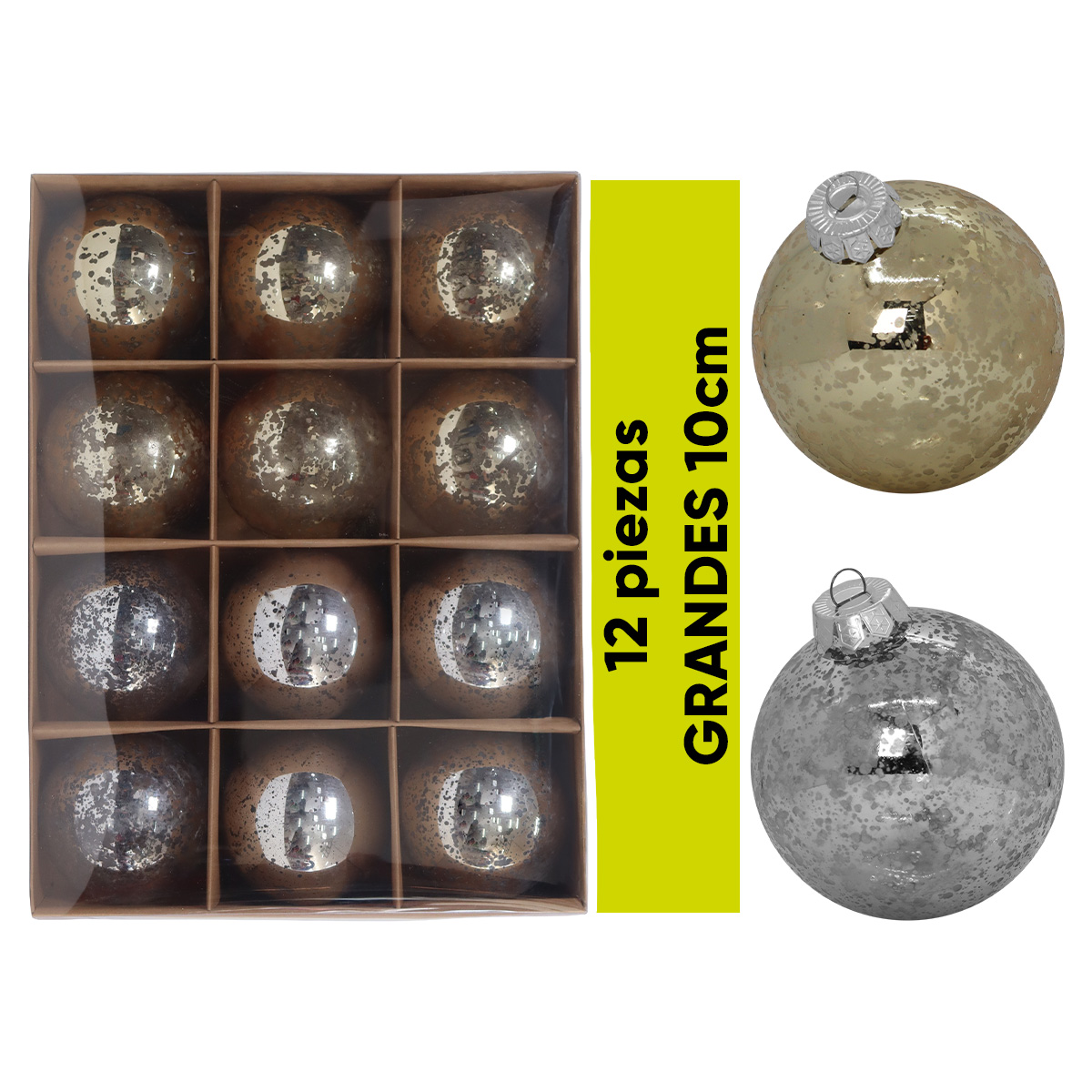 Esferas Navideñas Grandes 10cm Set Paquete 12 piezas acabado gotas Cromadas Mix Platino Dorado decoración Bolas Christmas balls ornaments