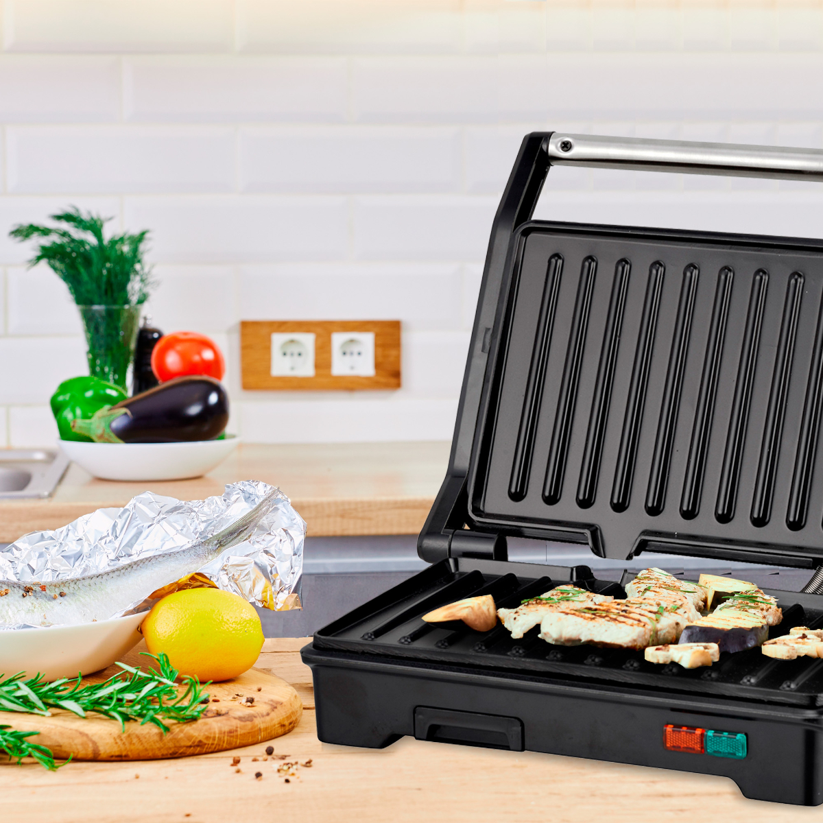 Parrilla para Panini Grill, Prensa eléctrica, Plancha eléctrica antiadherente 2 en 1