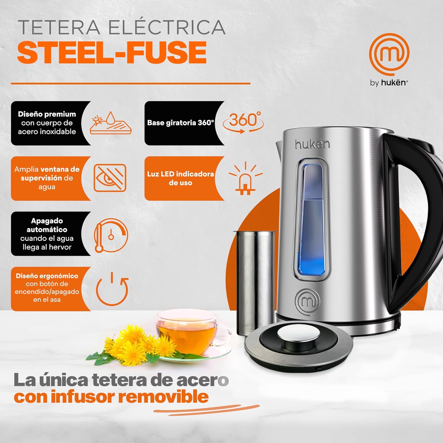 Tetera Eléctrica, Hervidor de Agua Eléctrico con Infusor de 1.7 Litros, Acero Inoxidable con Ventana