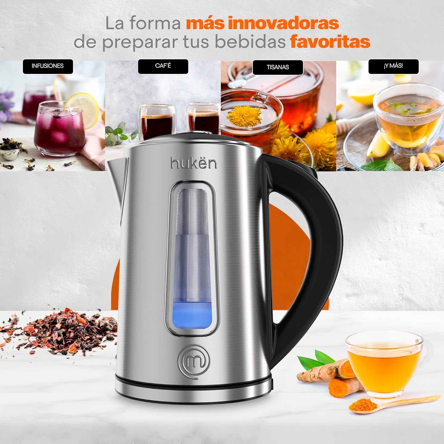 Tetera Eléctrica, Hervidor de Agua Eléctrico con Infusor de 1.7 Litros, Acero Inoxidable con Ventana