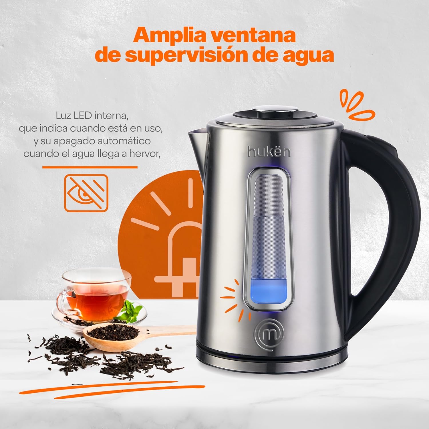 Tetera Eléctrica, Hervidor de Agua Eléctrico con Infusor de 1.7 Litros, Acero Inoxidable con Ventana