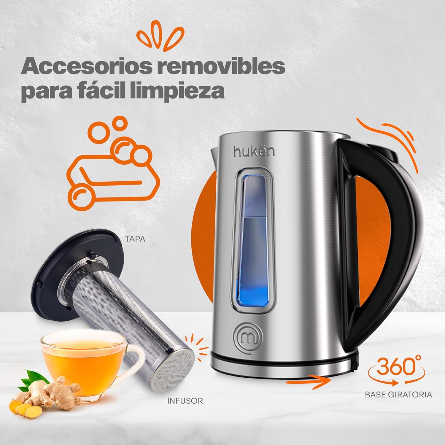 Tetera Eléctrica, Hervidor de Agua Eléctrico con Infusor de 1.7 Litros, Acero Inoxidable con Ventana