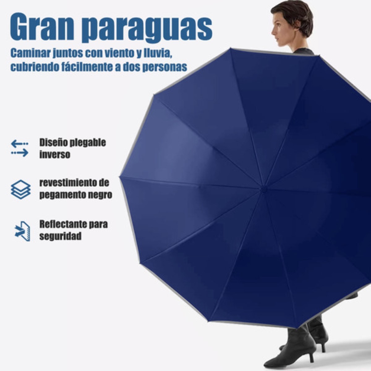 Paraguas Automático Extra Grande 105cm Reforzado 10 Varillas azul marino negro