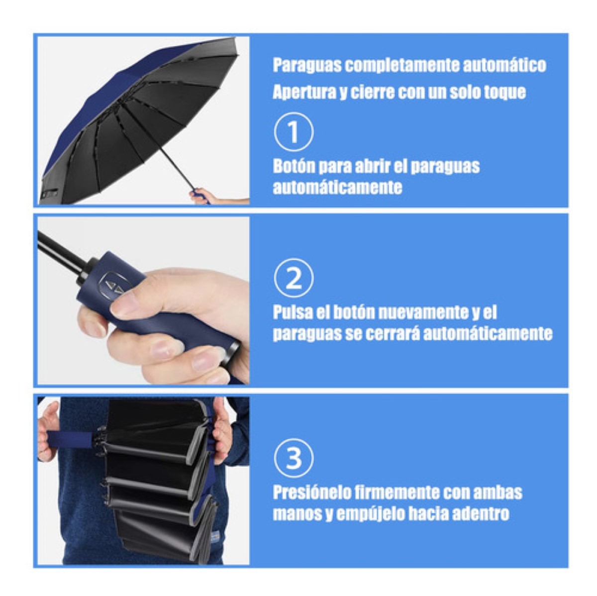 Paraguas Automático Extra Grande 105cm Reforzado 10 Varillas azul marino negro