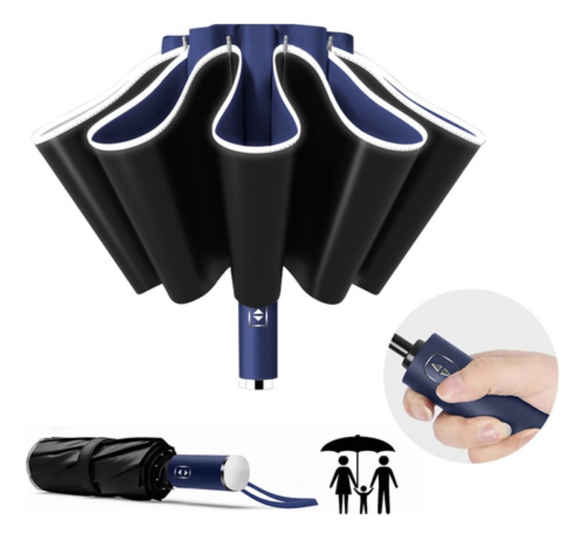 Paraguas Automático Extra Grande 105cm Reforzado 10 Varillas azul marino negro