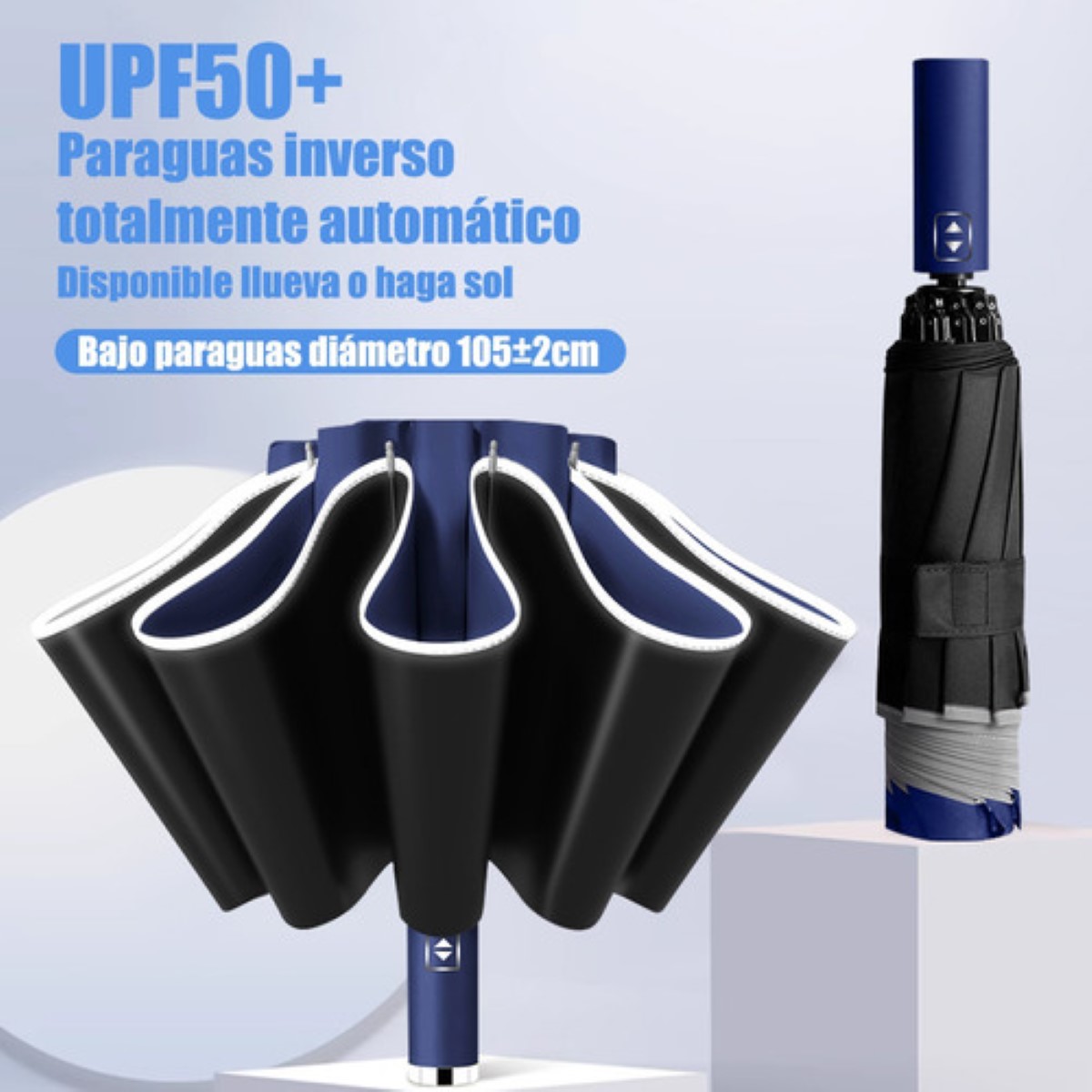 Paraguas Automático Extra Grande 105cm Reforzado 10 Varillas azul marino negro