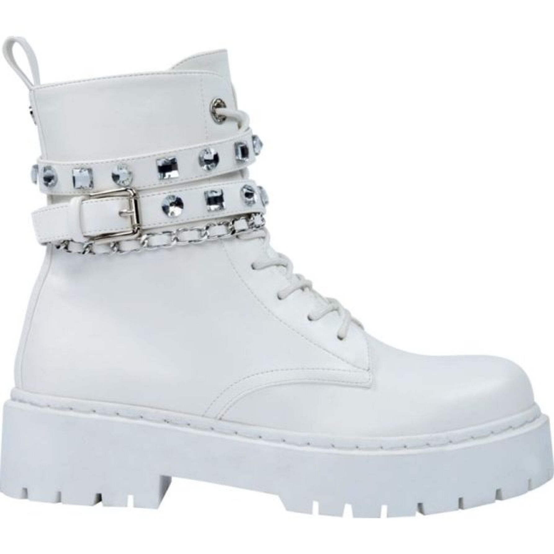 Bota para mujer, estilo militar, con cadena, pedrería y hebilla, acabado napa, marca Belinda Peregrin, 1143009