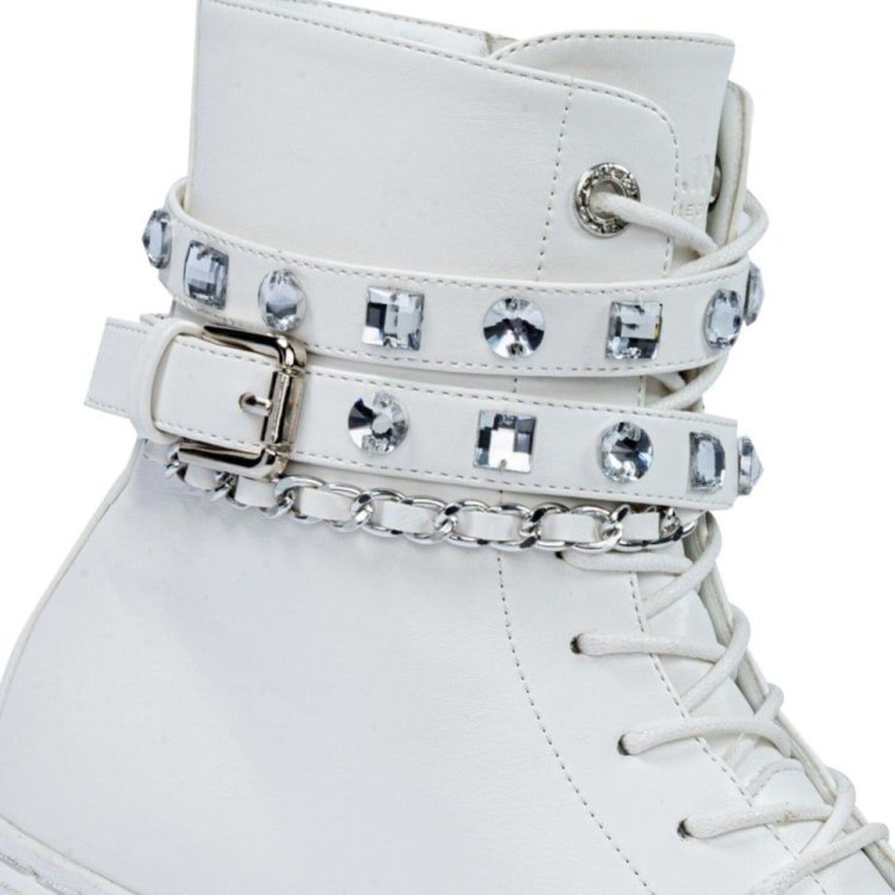 Bota para mujer, estilo militar, con cadena, pedrería y hebilla, acabado napa, marca Belinda Peregrin, 1143009