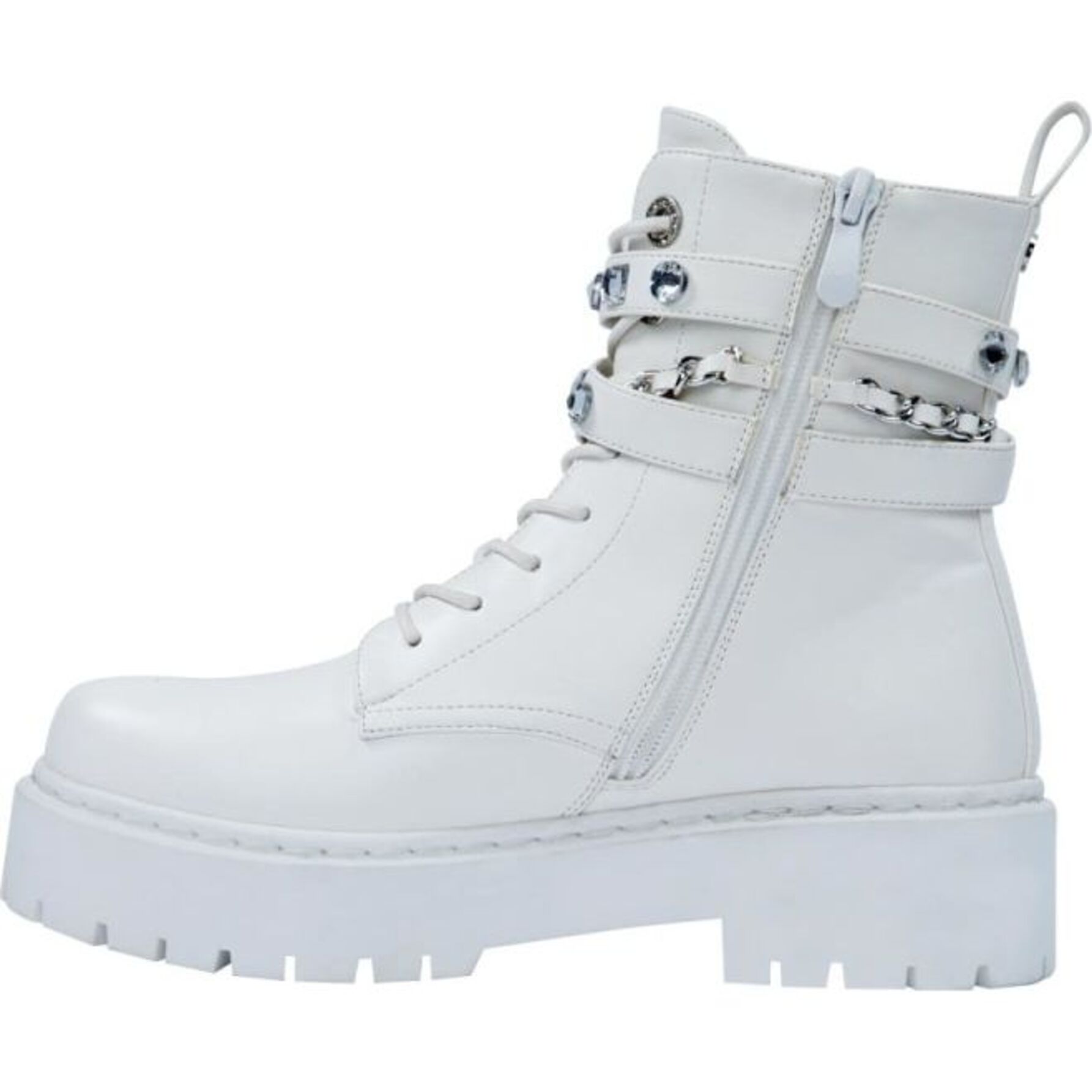 Bota para mujer, estilo militar, con cadena, pedrería y hebilla, acabado napa, marca Belinda Peregrin, 1143009