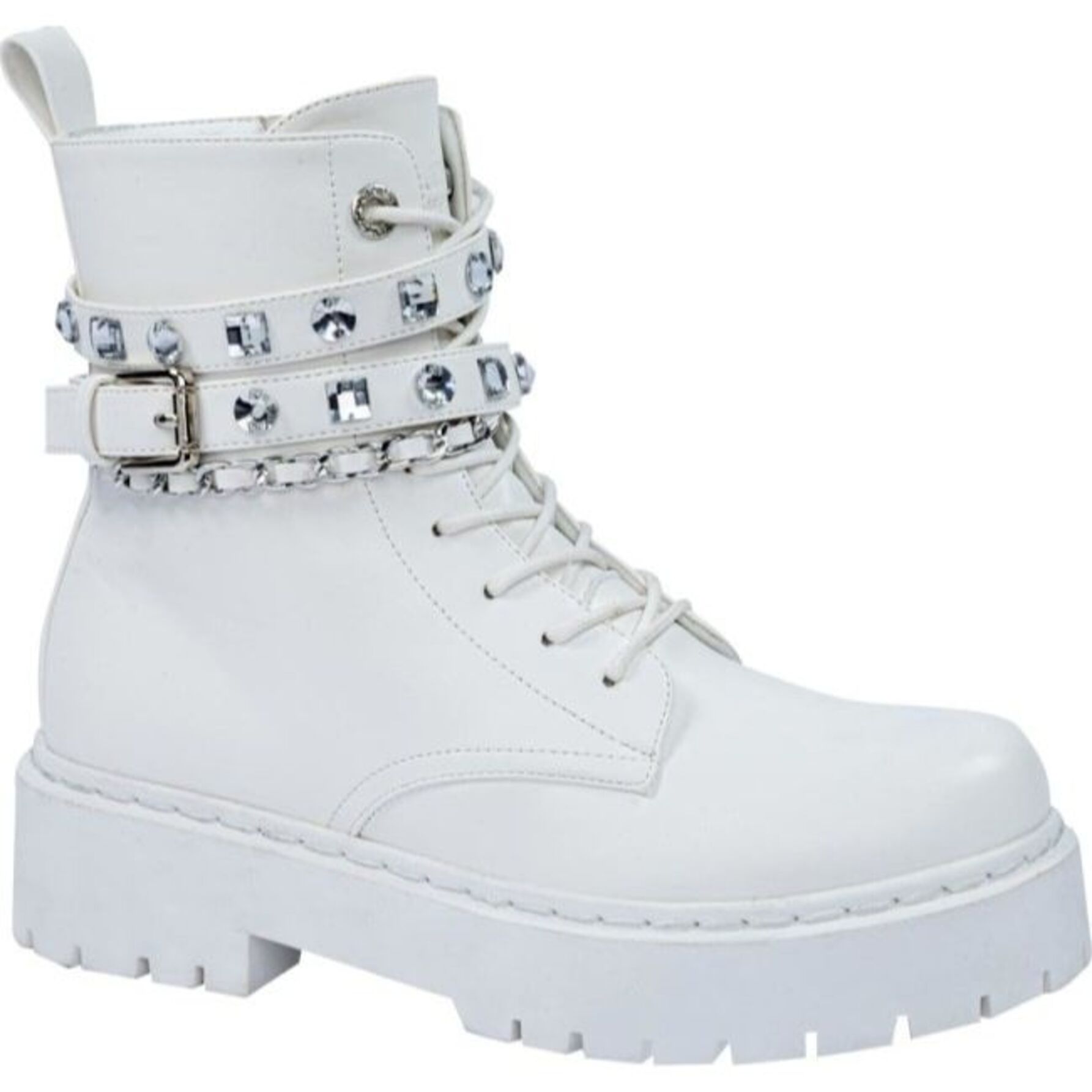 Bota para mujer, estilo militar, con cadena, pedrería y hebilla, acabado napa, marca Belinda Peregrin, 1143009
